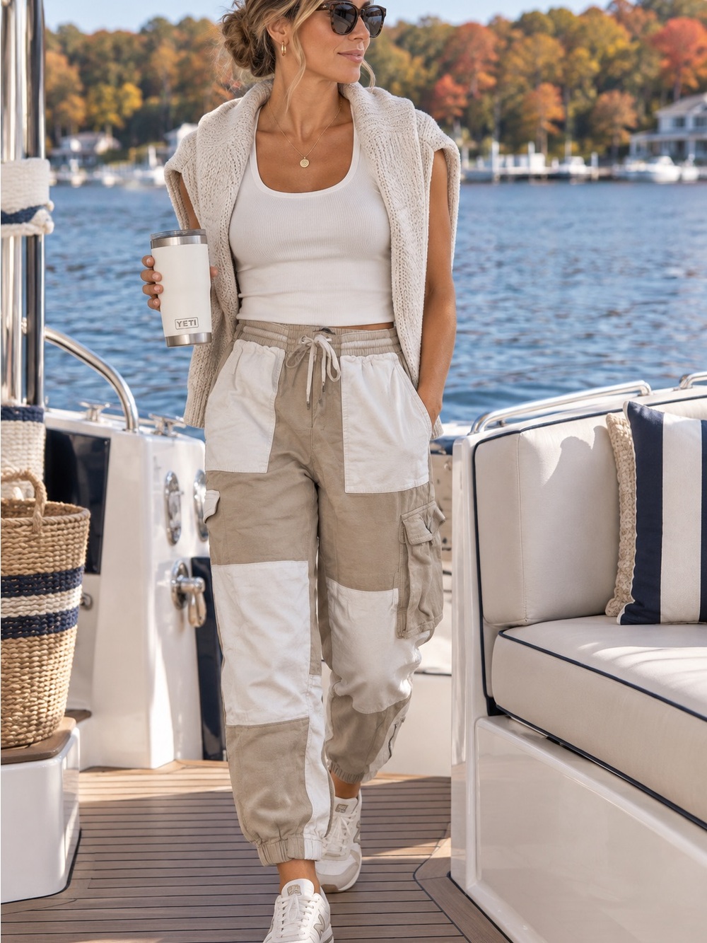 J. Crew Beige and Cream Patchwork Cargo Joggers